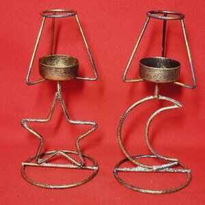 Metal Star Moon Tea Light Candle Holder Set of 2